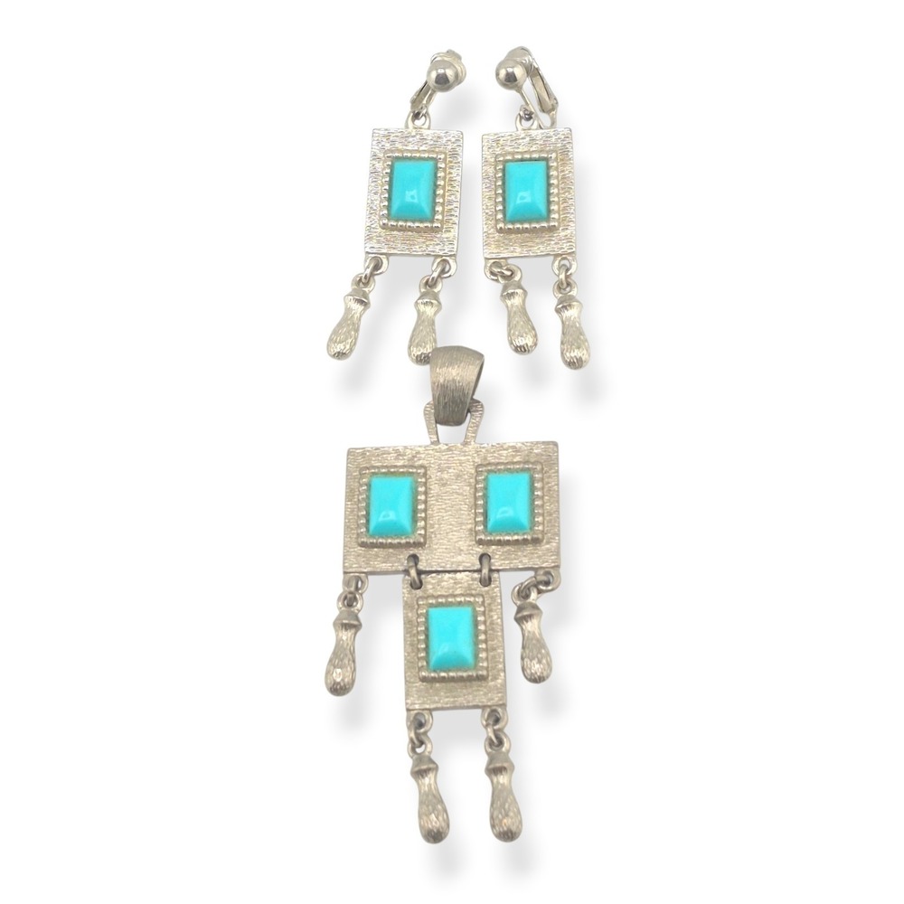 Vintage Sarah Coventry 1971 Folklore Turquoise Silver Tone Pendant Earrings Set